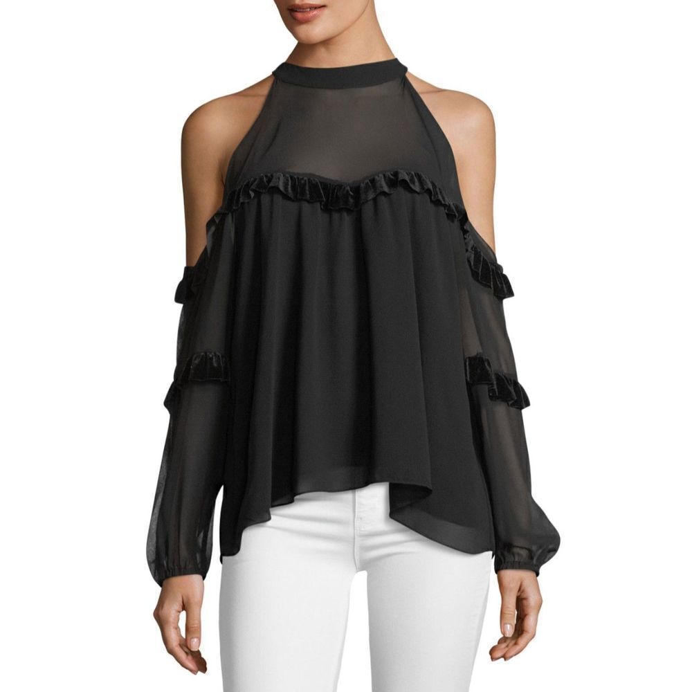 MISA Los Angeles Black Pippa High-Neck Cold-Shoulder Blouse, M